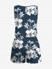 Plus Size Hibiscus Flowers Leaf Tropical Leaf Print Cinched Hawaii Romper -  