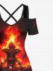 Plus Size Halloween Skulls Fire Flame Rose Flower Cross Print Cold Shoulder Crisscross Maxi Dress -  