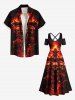 Plus Size Halloween Skulls Fire Flame Rose Flower Cross Print Cold Shoulder Crisscross Maxi Dress -  