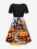 Plus Size Halloween Pumpkin Castle Bat Print Cinched Dress -  
