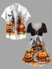 Plus Size Halloween Pumpkin Castle Bat Print Cinched Dress -  