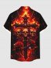 Plus Size Halloween Skulls Fire Flame Rose Flower Cross Print Buttons Pocket Shirt For Men -  