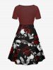 Plus Size Skull Bat Rose Flower Print Halloween Cinched A Line Dress -  