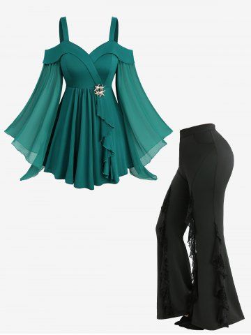Starfish Buckle Surplice Lettuce Sheer Mesh Top and Ruffles Spider Web Flocking Flare Pants Plus Size Outfit - GREEN