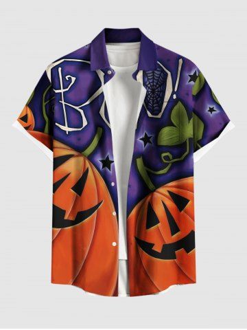 Plus Size Halloween Pumpkin Leaf Star Spider Web Print Buttons Pocket Shirt For Men - PURPLE - XL