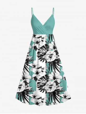 Plus Size Flowers Tropical Leaf Print Surplice Hawaii Cami Dress - GREEN - 5X