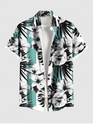 Plus Size Flowers Tropical Leaf Print Buttons Pocket Hawaii Shirt For Men - GREEN - 6XL
