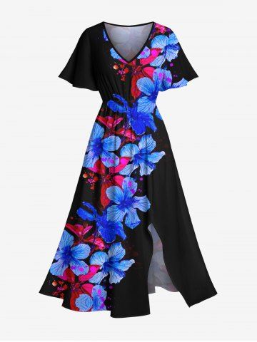 Plus Size Hibiscus Flowers Paint Splatter Print Split Hawaii Midi Dress - BLACK - XS