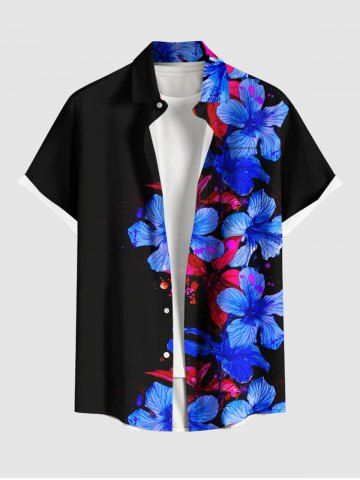 Plus Size Hibiscus Flowers Paint Splatter Print Buttons Pocket Hawaii Shirt For Men - BLACK - S