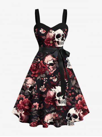 Plus Size Halloween Skulls Rose Flower Leaf Print Buttons Turn Down Collar Dress With Belt - BLACK - 6X