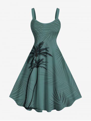 Plus Size Coconut Tree Tropical Leaf Print Hawaii Tank Dress - GREEN - 5X