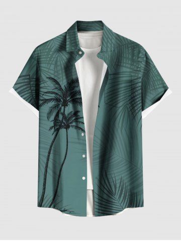 Plus Size Coconut Tree Tropical Leaf Print Buttons Pocket Hawaii Shirt For Men - GREEN - 3XL