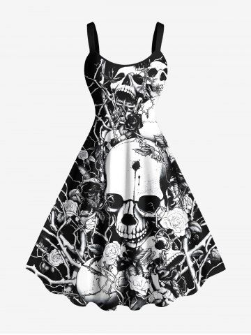 Plus Size Halloween Skulls Rose Flowers Print Tank Dress