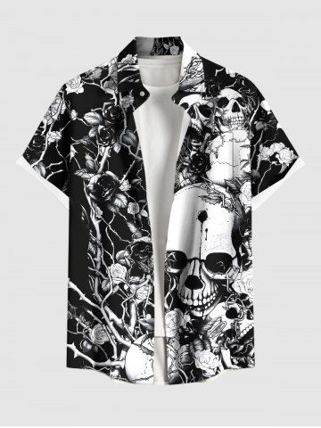 Plus Size Halloween Skulls Rose Flowers Print Buttons Pocket Shirt For Men - BLACK - 3XL