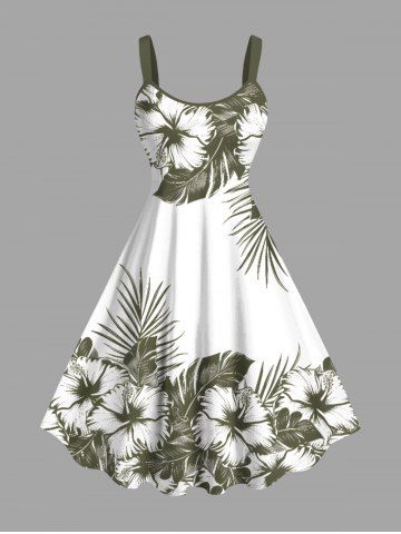 Plus Size Hibiscus Flowers Tropical Leaf Print Hawaii Tank Dress - WHITE - XS