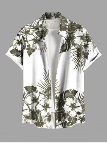 Plus Size Hibiscus Flowers Tropical Leaf Print Buttons Pocket Hawaii Shirt For Men - GREEN - L