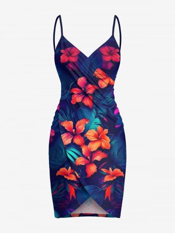 Plus Size Flowers Tropical Leaf Print Convertible Hawaii Beach Cover - NAVY BLUE - 6X