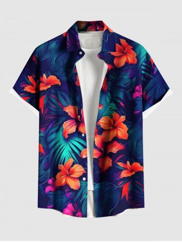 Plus Size Flowers Tropical Leaf Print Buttons Pocket Hawaii Shirt For Men - NAVY BLUE - 6XL