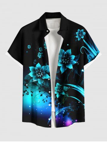 Plus Size Flowers Leaf Ombre Print Buttons Pocket Hawaii Shirt For Men - BLACK - L