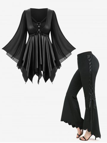 PU Panel Strappy Layered Handkerchief 2 in 1 Top and Lace Up Scalloped Hem Flare Pants Plus Size Outfit - BLACK