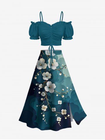 Solid Cinched Top and Ombre Watercolor Flower Branch Print Hawaii Split A Line Skirt Plus Size Matching Set - GREEN