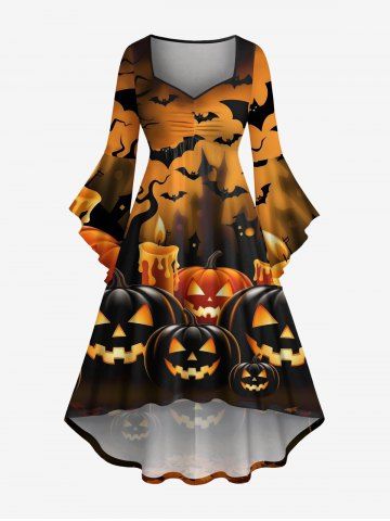 Plus Size Pumpkin Lantern Candle Bat Tree Print Halloween Ruched High Low Asymmetric Dress - BLACK - M