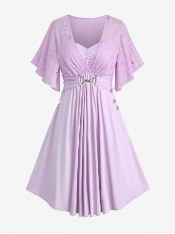 Plus Size Stars Print Buckle Button Pockets Ruched Butterfly Sleeves Dress - PURPLE - 4X | US 26-28
