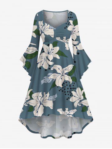 Plus Size Flower Leaf Spotted Print Hawaii Ruched High Low Asymmetric Dress - GREEN - 1X