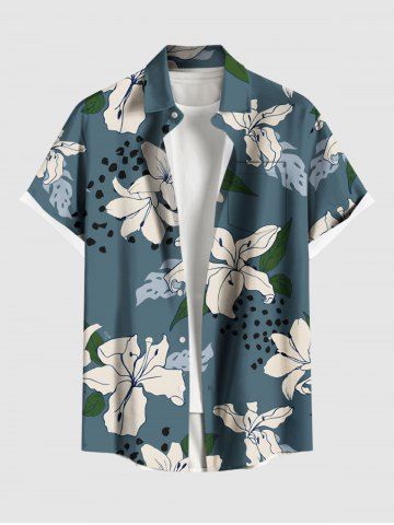 Plus Size Flower Leaf Spotted Print Hawaii Button Pocket Shirt For Men - GREEN - 6XL