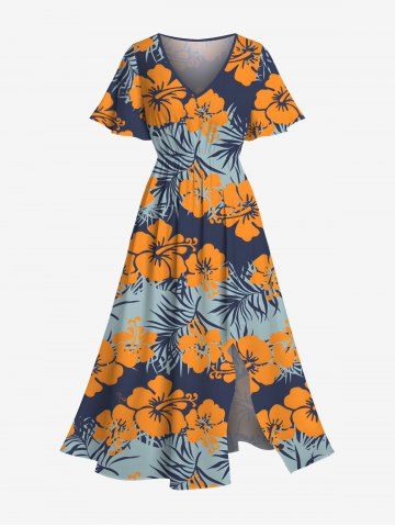 Plus Size Tropical Leaf Hibiscus Flower Print Hawaii Split Pocket A Line Midi Dress - ORANGE - XS