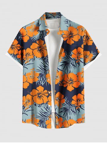 Plus Size Tropical Leaf Hibiscus Flower Print Hawaii Button Pocket Shirt For Men - ORANGE - S