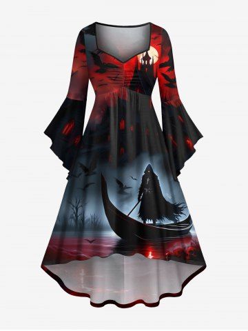 Plus Size Wizard Boat Castle Bat Ombre Galaxy Print Halloween Ruched High Low Asymmetric Dress - RED - 6X