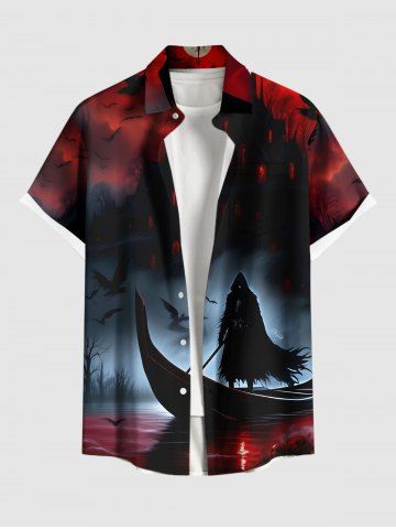 Plus Size Wizard Boat Castle Bat Ombre Galaxy Print Halloween Button Pocket Shirt For Men - RED - 2XL