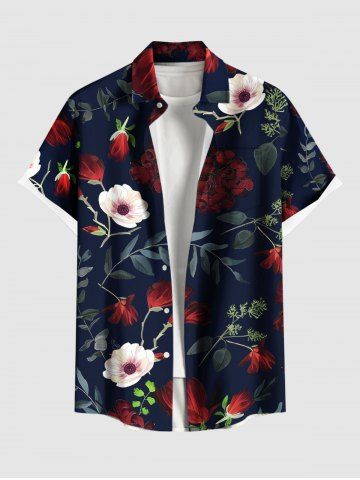 Plus Size Flower Leaf Branch Print Hawaii Button Pocket Shirt For Men - BLACK - M