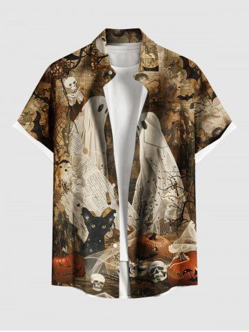 Plus Size Skull Pumpkin Spider Web Cat Ghost Bat Distressed Newspaper Print Halloween Shirt For Men - BROWN - S