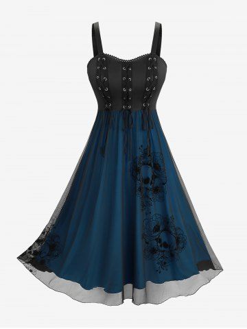 Skull Rose Flower Flocking Lace-up Grommets Lace Trim Tank Dress - PEACOCK BLUE - M
