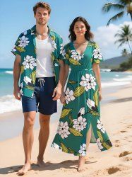 Flowers Leaf Print Plus Size Matching Hawaii Beach Outfit For Couples -  