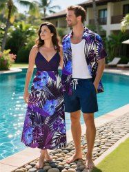 Hibiscus Flowers Tropical Leaf Print Plus Size Matching Hawaii Beach Outfit For Couples -  