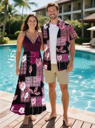 Line Braided Plaid Flower Print Plus Size Matching Hawaii Beach Outfit For Couples -  