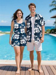 Ensemble chemise et barboteuse hawaïennes assorties, grande taille, tenue de plage, imprimé feuilles tropicales et hibiscus, pour couples - Bleu Marine 
