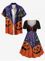 Halloween Pumpkin Leaf Star Spider Web Print Plus Size Matching Outfit For Couples -  