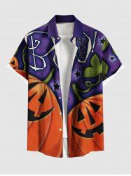 Plus Size Halloween Pumpkin Leaf Star Spider Web Print Buttons Pocket Shirt For Men -  