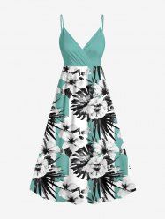 Plus Size Flowers Tropical Leaf Print Surplice Hawaii Cami Dress -  