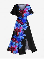 Plus Size Hibiscus Flowers Paint Splatter Print Split Hawaii Midi Dress -  