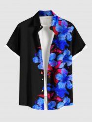 Plus Size Hibiscus Flowers Paint Splatter Print Buttons Pocket Hawaii Shirt For Men -  
