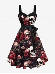 Robe grande taille à col rabattu et ceinture, motif tête de mort, rose, fleur, feuille, boutons, Halloween - Noir 5X
