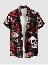 Plus Size Halloween Skulls Rose Flower Leaf Print Buttons Pocket Shirt For Men -  