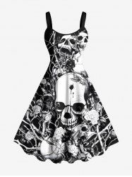Plus Size Halloween Skulls Rose Flowers Print Tank Dress -  