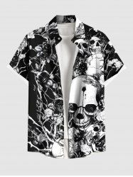 Plus Size Halloween Skulls Rose Flowers Print Buttons Pocket Shirt For Men -  