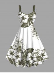 Plus Size Hibiscus Flowers Tropical Leaf Print Hawaii Tank Dress -  